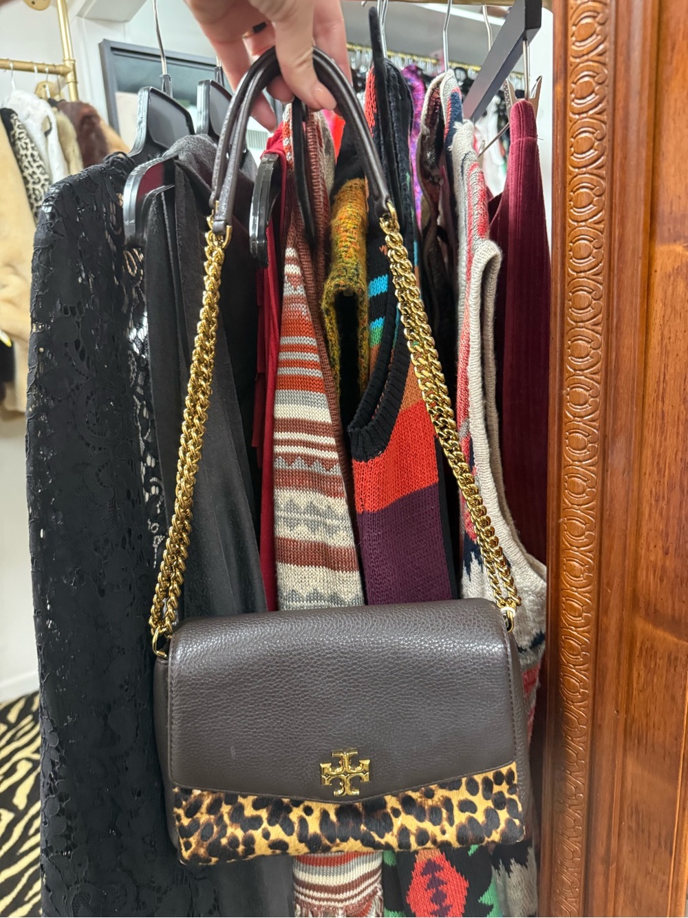 Tory Burch Pebbled Leather Leopard  Shearling Convertible Bag MSRP $498